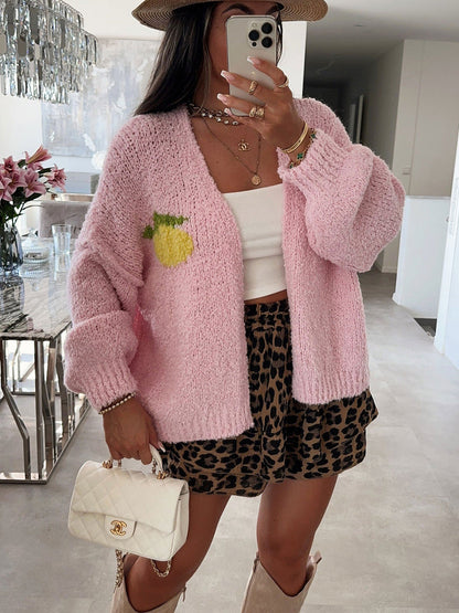 Damen Strickjacke Oversized Obstprint