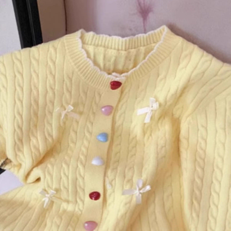 Damen Grobstrick Cardigan mit Knöpfen und Schleifen Beige
