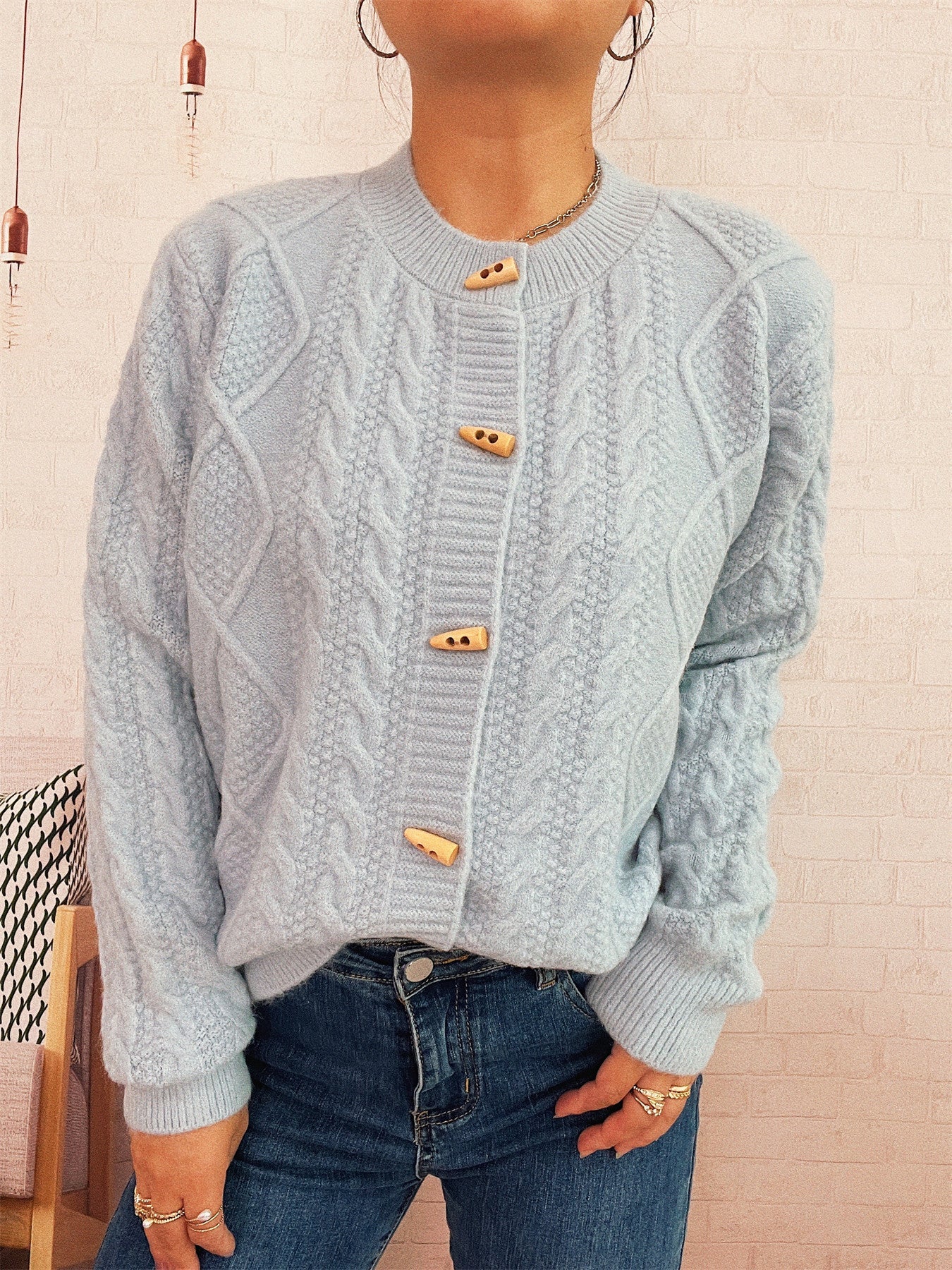 Damen Strickcardigan Weich Nautisches Design Beige Holzknöpfe