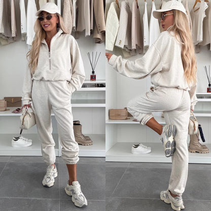 Damen Sportliches Loungewear-Set Stehkragen Reißverschlusshose Bequem