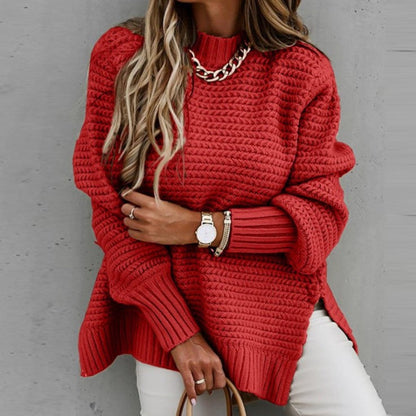 Damen Grobstrickpullover Hochgeschlossener Kragen Seitliche Schlitzen