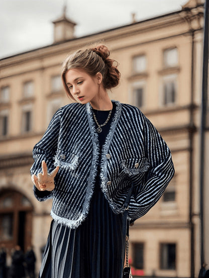 Damen Strickjacke Dekorativ Französische Knöpfe Fransen Braun
