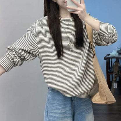 Damen Langarmshirt Streifen Baumwolle Relaxed Fit