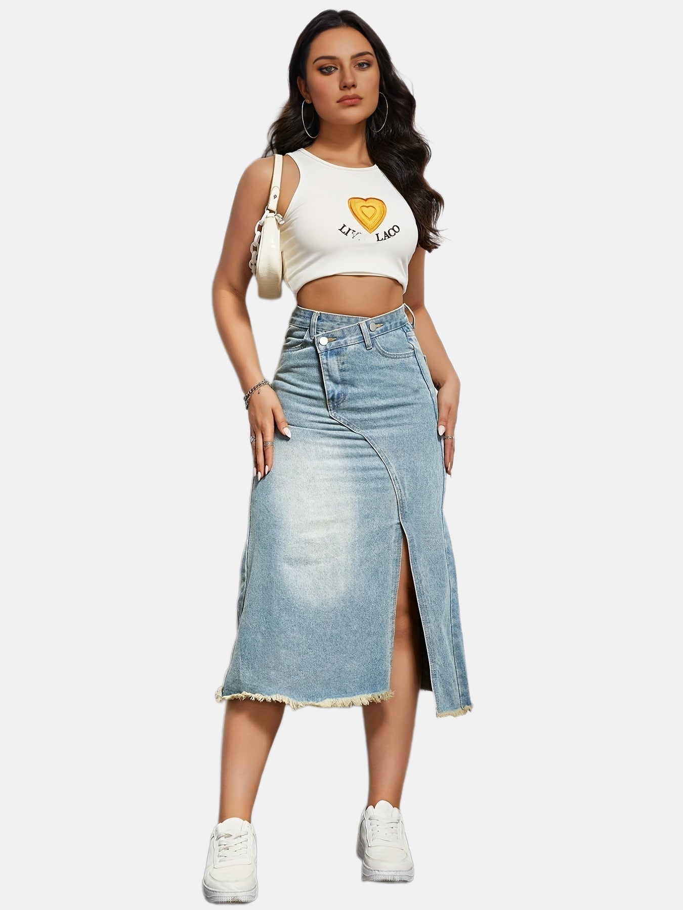 Damen Denim-Rock Asymmetrischer Schlitz Fransiger Saum Länglich