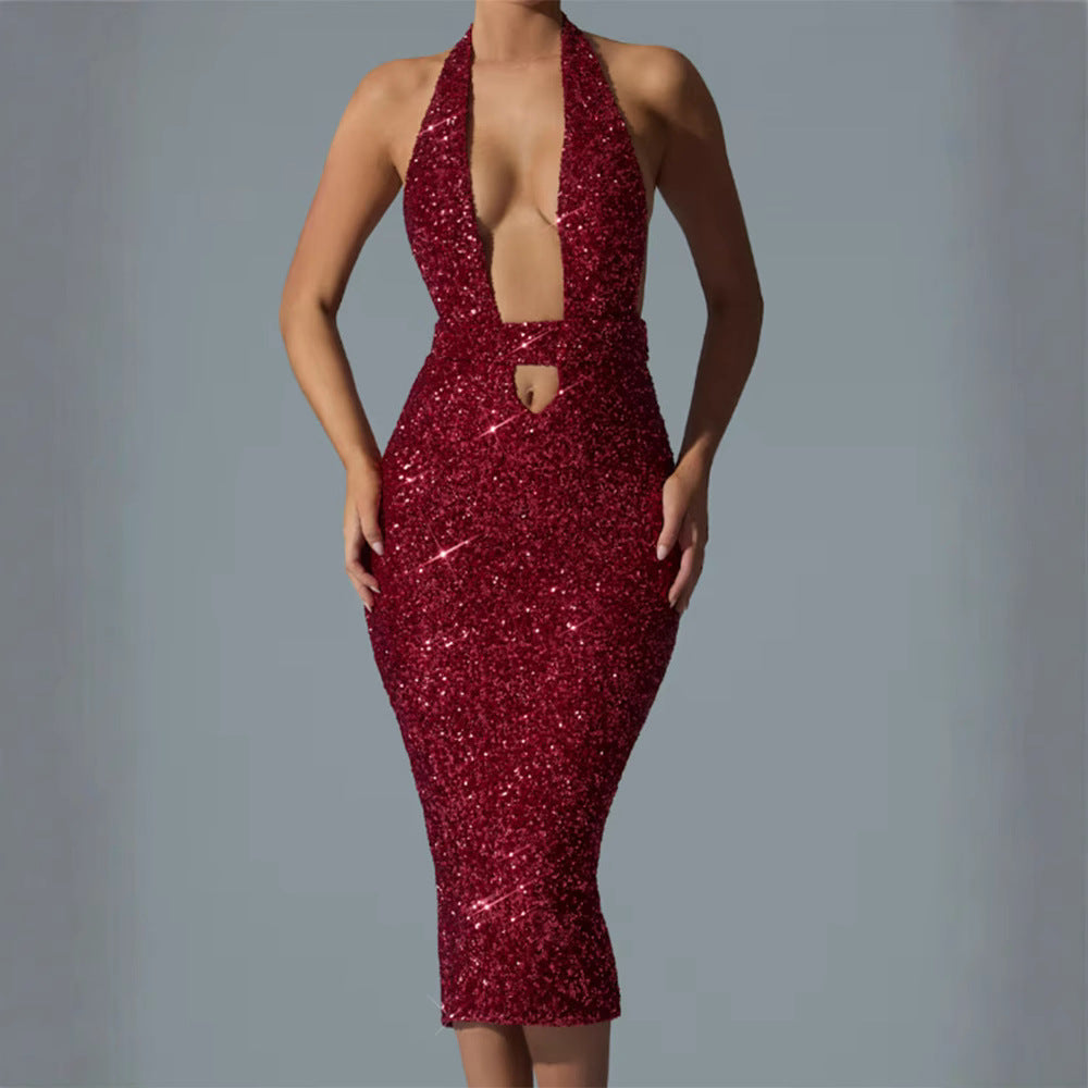 Damen Pailletten-Midi-Kleid V-Ausschnitt Figurbetonter Silhouette