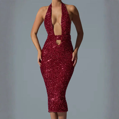 Damen Pailletten-Midi-Kleid V-Ausschnitt Figurbetonter Silhouette