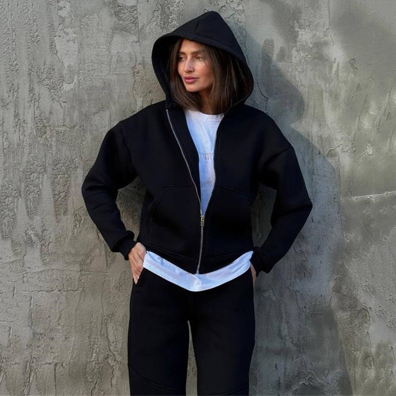 Damen Fleece-Jogginganzug Hochkragen Reißverschluss Grau