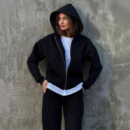 Damen Fleece-Jogginganzug Hochkragen Reißverschluss Grau