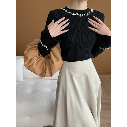 Damen Langarm Pullover Perlenschmuck Eveloria
