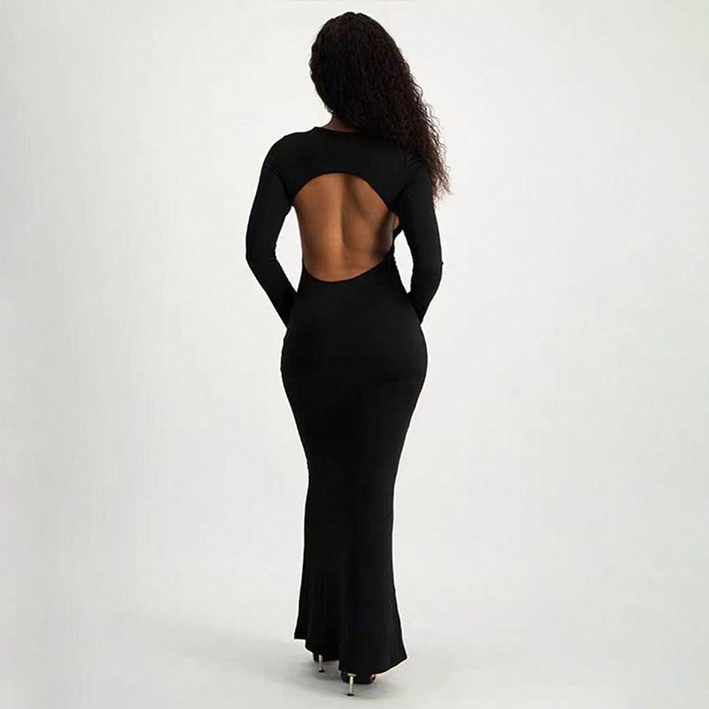 Damen Maxi-Kleid Langarm Schlüsselloch Ausschnitt Figurbetonter Stoff