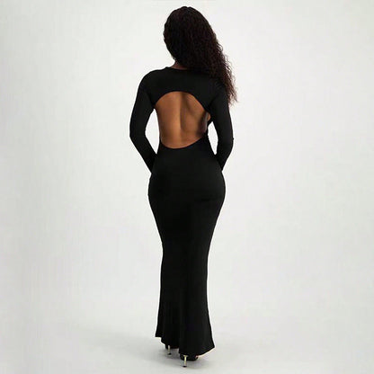 Damen Maxi-Kleid Langarm Schlüsselloch Ausschnitt Figurbetonter Stoff