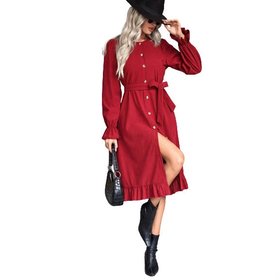 Damen Wickelkleid Langarm Knöpfe Tailliert Eveloria