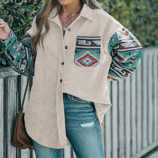 Damen Baumwollhemdjacke mit farbenfrohen Ärmeln und Taschen - Eveloria