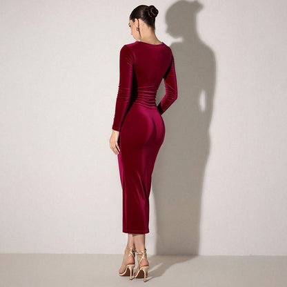 Damen Wickelkleid Samt tiefem Ausschnitt Tailleneinsatz