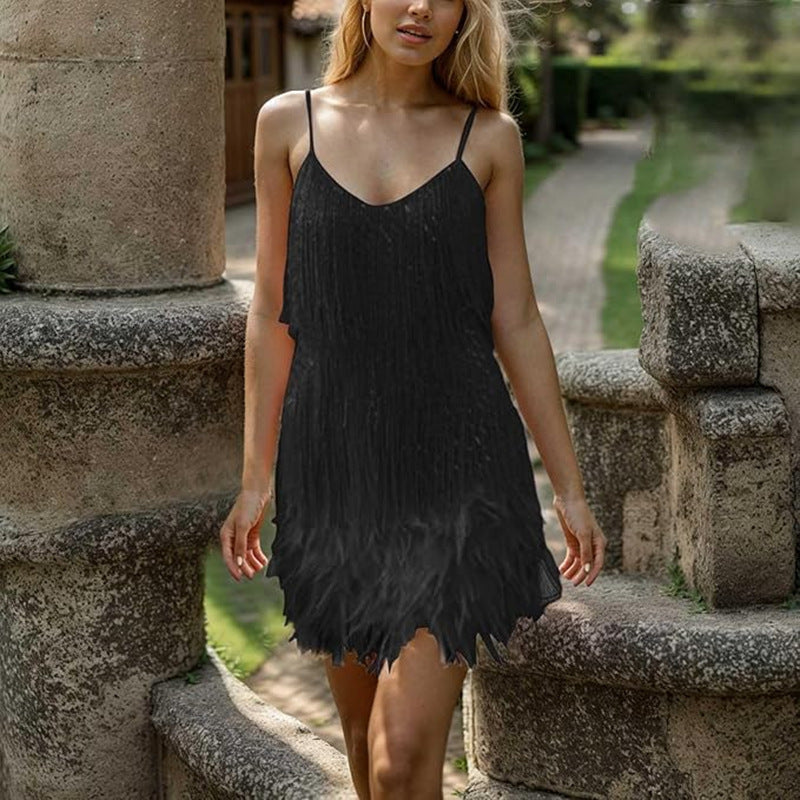 Damen Minikleid V-Ausschnitt Fransen