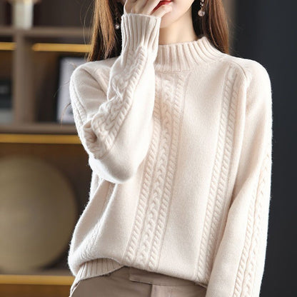 Damen Strickpullover Kuscheliger Zopfmuster Hochkragen Beige