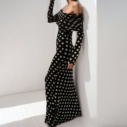 Damen Maxikleid Off-Shoulder Polka-Dot Muster