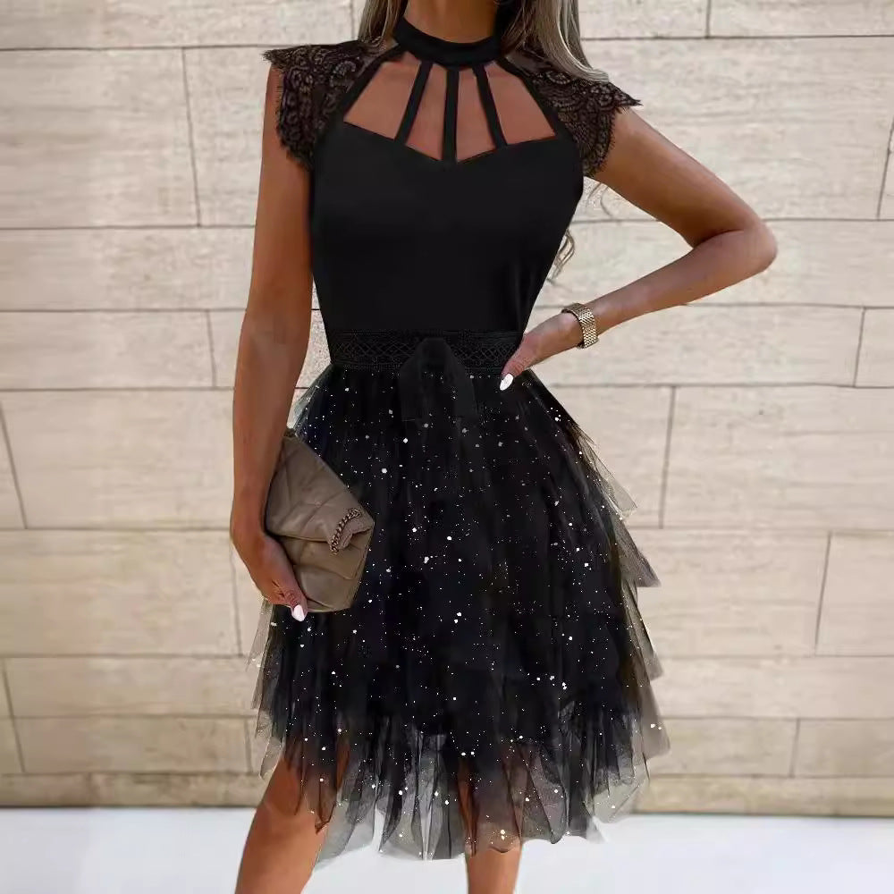 Damen Cocktailkleid Spitze Glitzernd Tüll Eveloria