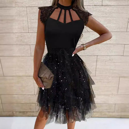 Damen Cocktailkleid Spitze Glitzernd Tüll Eveloria