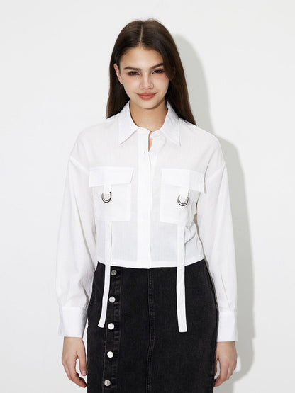 Damen Cropped Bluse mit Taschen und Modernen Details