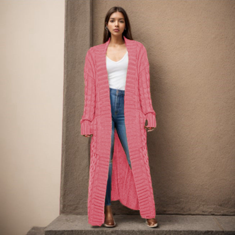Damen Strickcardigan Lang Zopfmuster