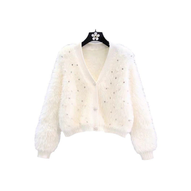 Damen Flauschige Strickjacke Funkelnde Details Moderner Schnitt