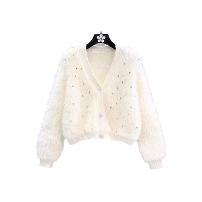 Damen Flauschige Strickjacke Funkelnde Details Moderner Schnitt