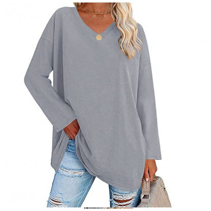 Damen Sweatshirt V-Ausschnitt Langärmlig Asymmetrisch Grau Eveloria