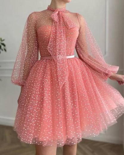 Damen Tüllkleid mit Puffärmeln und Schleifenakzent