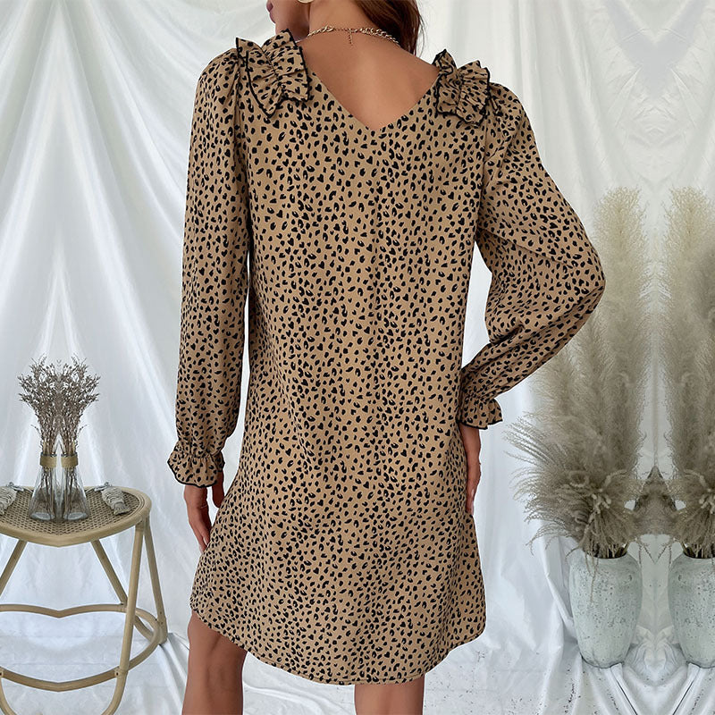 Damen Minikleid Rüschendetails Leopardenmuster Eveloria