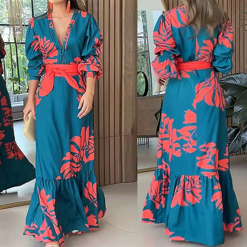 Damen Maxikleid Wickel-Oberteil Puffärmel Elegant
