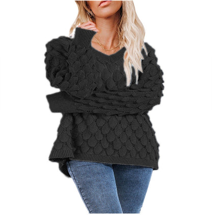 Damen Grobstrickpullover V-Ausschnitt Wellenmuster Eveloria