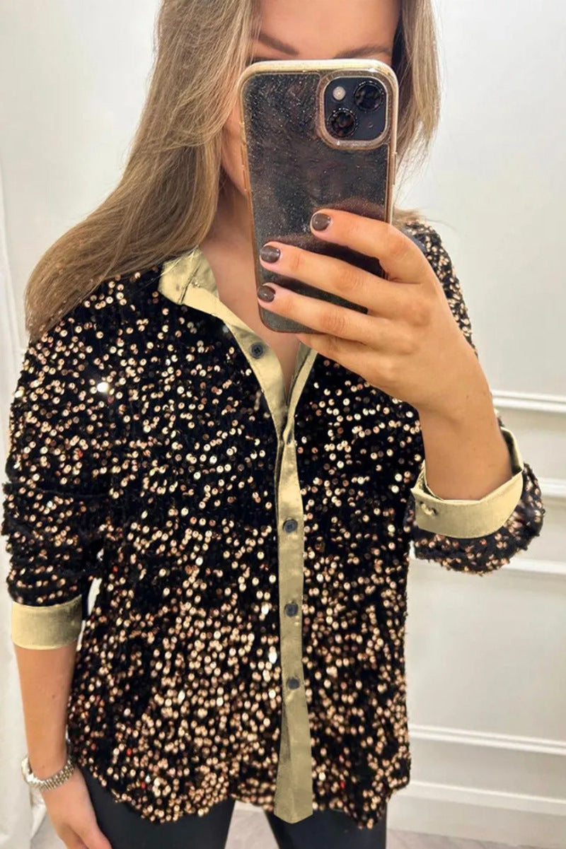 Damen Paillettenbluse Klassischer Kragen Langer Ärmel Glitzer Effekt