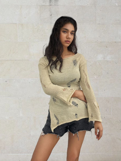 Damen Rippstrickpullover Distressed Details Grau Eveloria
