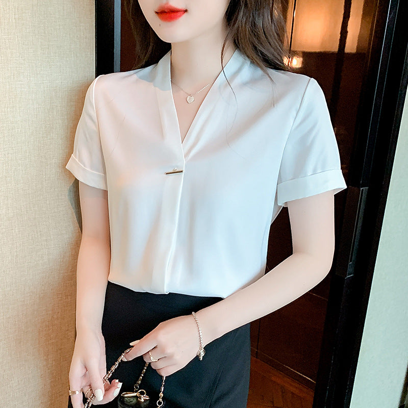 Damen Bluse V-Ausschnitt Knopfdetail Elegante Bluse Weiße Bluse - Eveloria
