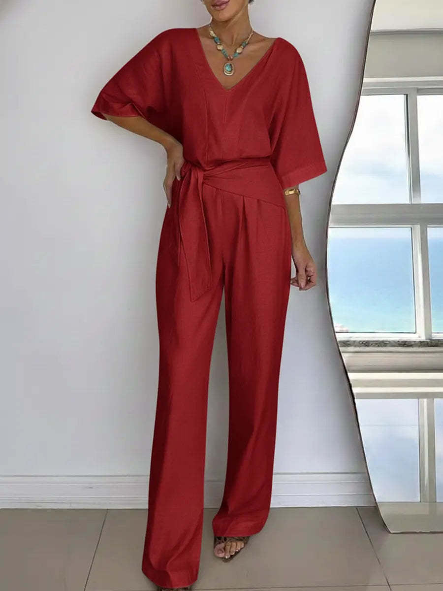 Damen Jumpsuit Tailliert Wickelgürtel Eveloria