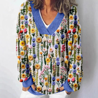 Damen Pullover V-Ausschnitt Floralmuster Lässig Eveloria
