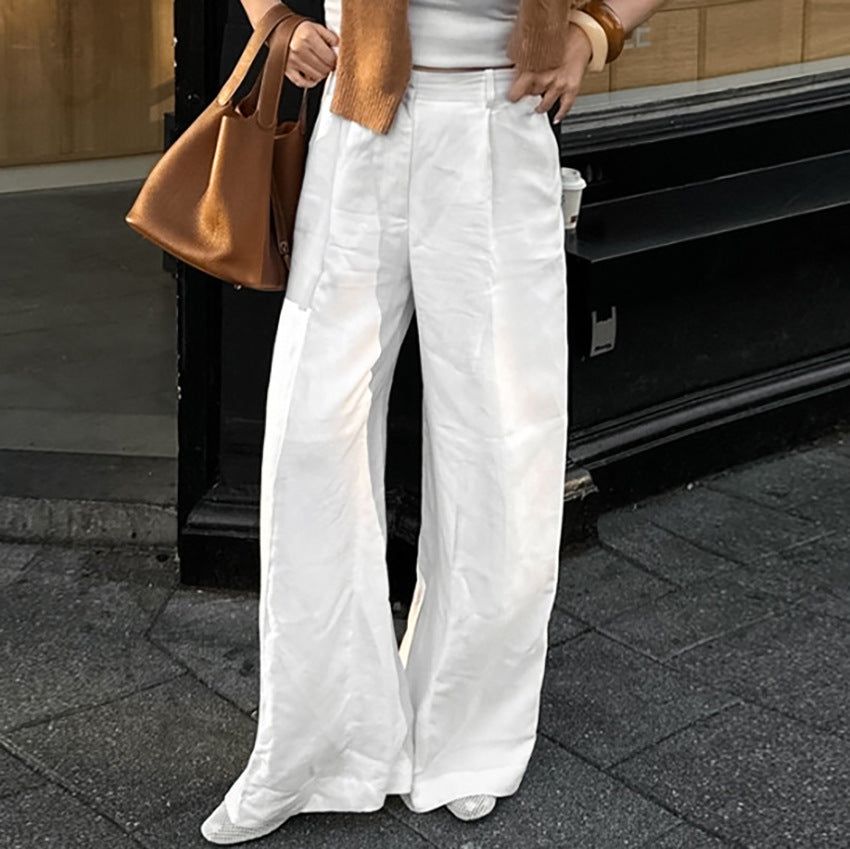 Damen Leinenhose Weit Geschnitten Elastischer Bund Hoch Tailliert - Eveloria
