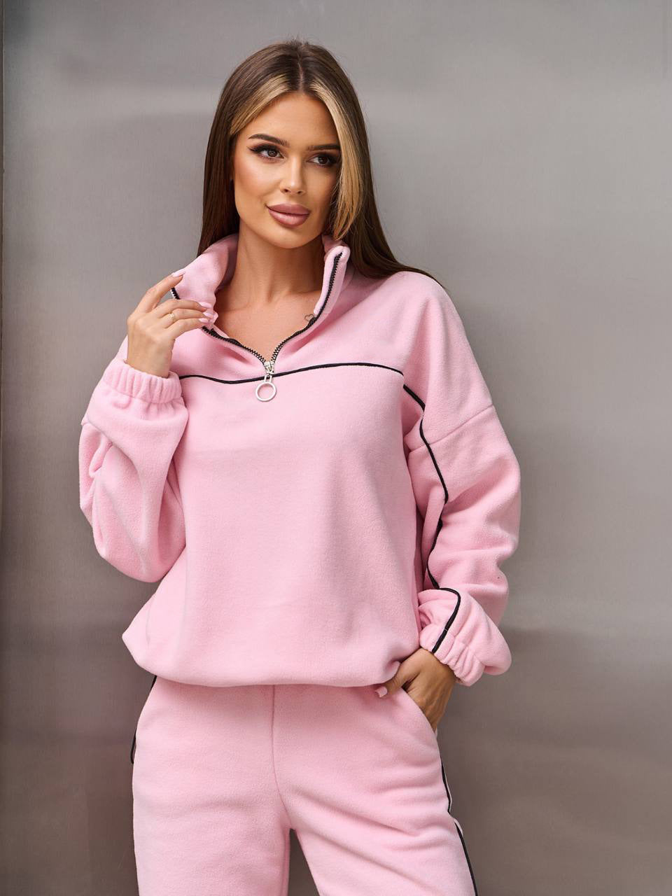 Damen Fleece-Outfit Reißverschluss Kuschelig Grau