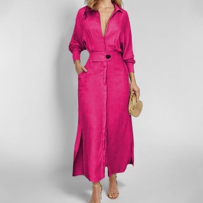 Damen Maxikleid V-Ausschnitt Gürtel Elegantes Eveloria
