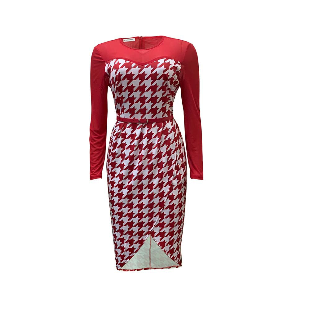 Damen Kleid Langarm Hahnentritt-Design Eveloria