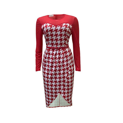 Damen Kleid Langarm Hahnentritt-Design Eveloria