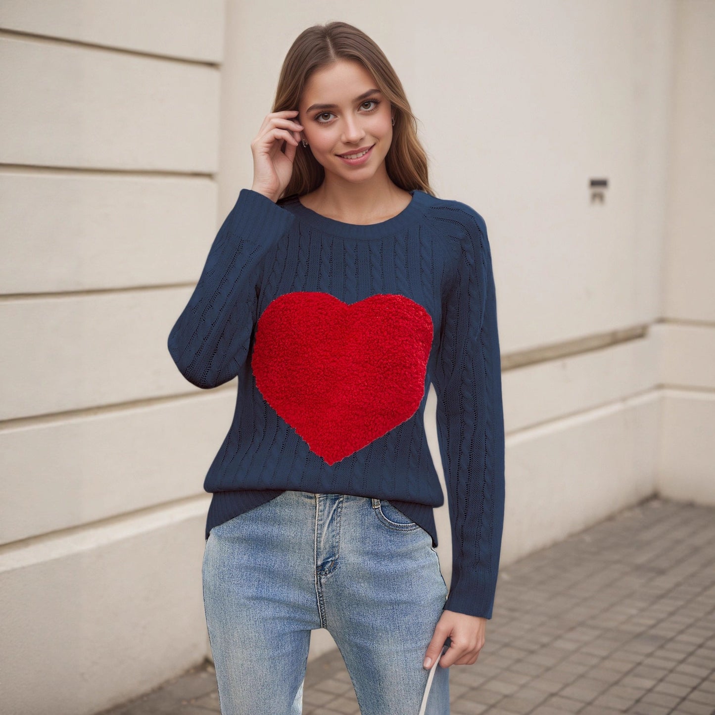 Damen Strickpullover Luftige Maschenstruktur Herz-Applikation