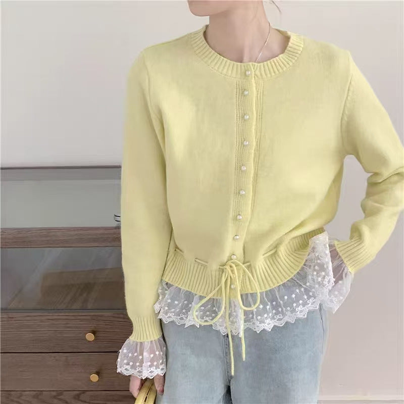 Damen Strickjacke Rüschendetails Perlenknöpfe Eveloria