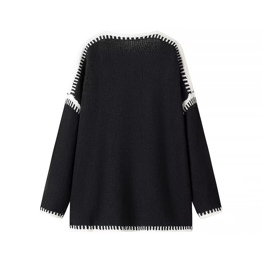 Damen Strickjacke Offen mit Kontrastnähten Eveloria