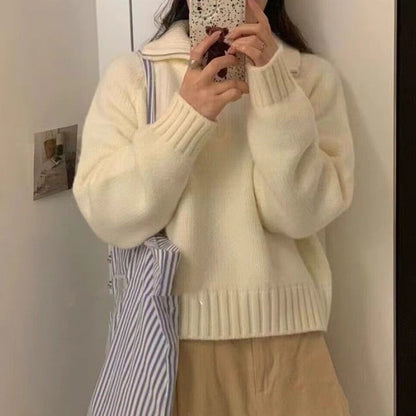 Damen Strickpullover Hochgeschlossen Reißverschluss Eveloria