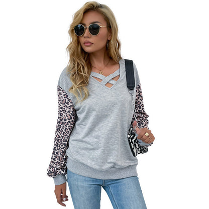 Damen Pullover Animal-Print Ärmel V-Ausschnitt