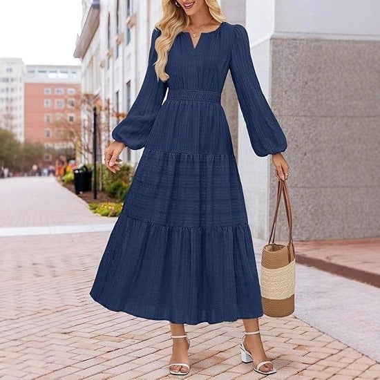 Damen Maxikleid mit Puffärmeln und Smoktaillen Elegant