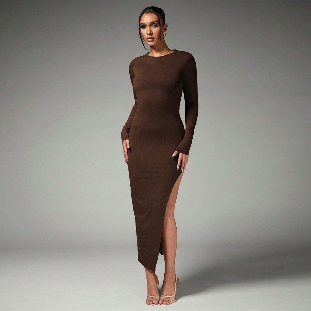 Damen Maxikleid Langarm Seitenschlitz Eveloria