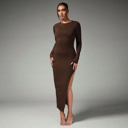 Damen Maxikleid Langarm Seitenschlitz Eveloria